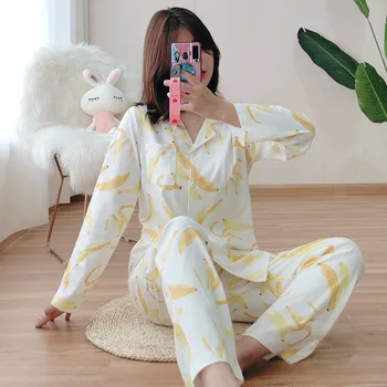 2021 naujas ponios pavasarį ir rudenį grynos medvilnės pižama nustatyti mielas persikų bananų megztinis megztas atsitiktinis namų drabužiai sleepwear kawaii