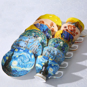 6-Nustatyti, Van Gogh Kavos Puodelio-Lėkštė-Šaukštas Rinkinys Su Geležies Rėmas Kaulų Kinijos Keramikos Puodelius Termiškai Arbatos Vandens Butelis Geriausia Kalėdų Dovana