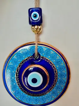 Didelis Dydis-14 cm, Skersmuo - Aukso Gilted ir Spalvos Raštuotas Stiklas Mėlyna blogos Akies Sienos Kabo Ornamentas – turkijos Nazar Granulių - Ho