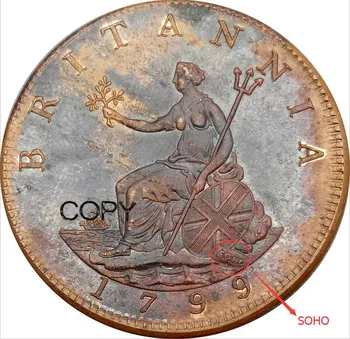 Didžioji Britanija 1/2 Half Penny 1799 Džordžas III 3 klausimas Raudona, Vario Monetų Kopijos