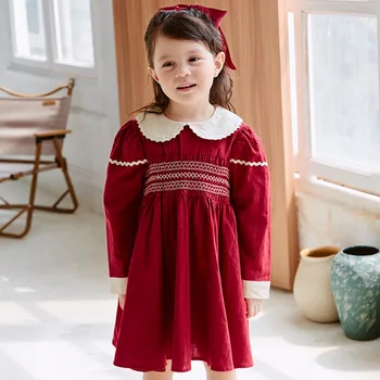 Merginos, Rudens Dress 2022 Naujas Sijonas Vaikų Baby Girl Princesė Sijonas Kalėdų Užsienio Stiliaus Raudonos Medvilnės Marškinėliai
