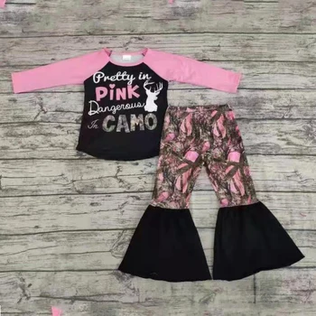Naujas atvykimo pink camo spausdinti marškinėliai varpo apačioje kelnės nustatyti baby girl paramos didmeninės