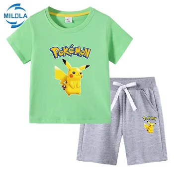 Pokemon Pikachu Eiti Anime Cosplay Kostiumų T-shirt Rinkinys Berniukams, Mergaitėms trumpomis rankovėmis 2--8-14 metų Vaikams Pocket Monstras Aprengti Marškinėliai