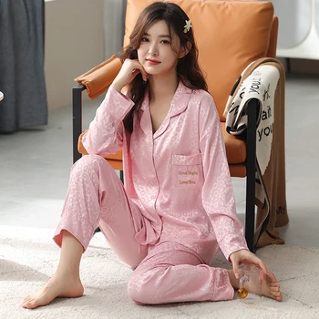 Rudenį Moterų Pižama Rinkiniai Laišką Modelis Mados Šilko Moteriška Dviejų dalių Pižamos Marškinėliai + Kelnės naktiniai marškinėliai Plius Dydis 4XL Sleepwear