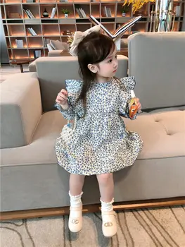 Rudenį, Žiemą 2021 Naujų Mergaičių Suknelė ilgomis Rankovėmis, O ant Kaklo Ruffles Gėlių Cute Girls Baby Princess Dress 18M-6T