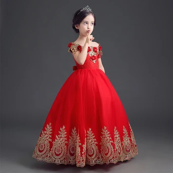 Shoulderless Mielas Princesė Raudonos Suknelės Mergaitėms Vestuvių Suknelės Vasarą Naujų Kulkšnies ilgis Siuvinėjimo Vaikų Drabužiai P03