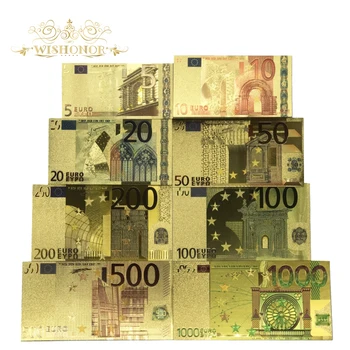 Wishonor Visiškai Rinkiniai 24K Aukso Euro Banknotų 5-1000 Aukso Folija Banknotų 8pcs/daug, kaip Verslo ir Kalėdų Dovanos